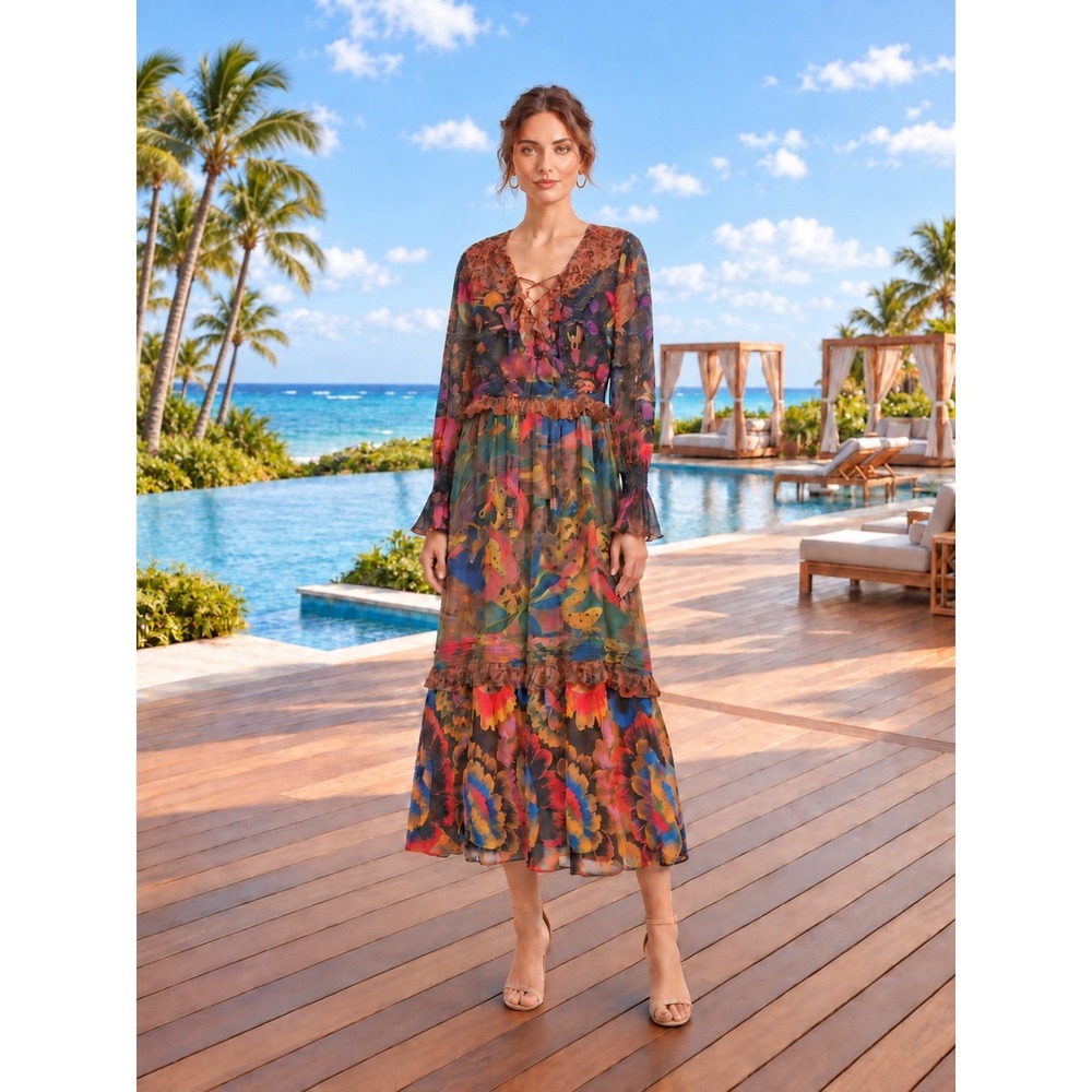 Farm Rio Maxi Dress Floral Leopard Lined Tassel Long Sleeve Autumn Boho